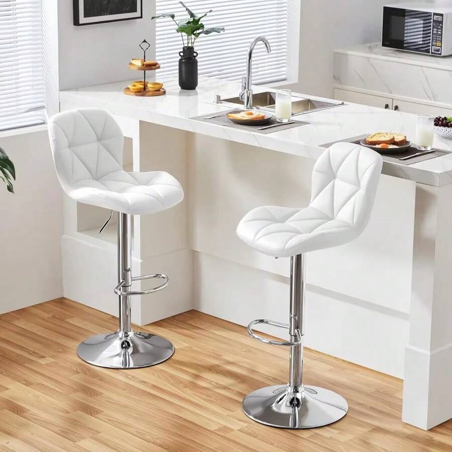 Sillas de Bar con Respaldo en Cuero PU, Taburetes Altos Ajustables en Altura y Giratorios, Diseño Moderno y Cómodo para Cocina, Barra y Hogar - Blanco - Ver 1