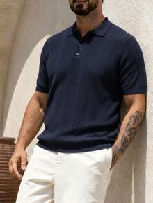 Men's Textured Jacquard Short Sleeve Casual Commuter Polo Shirt - Navy Blue - View 1