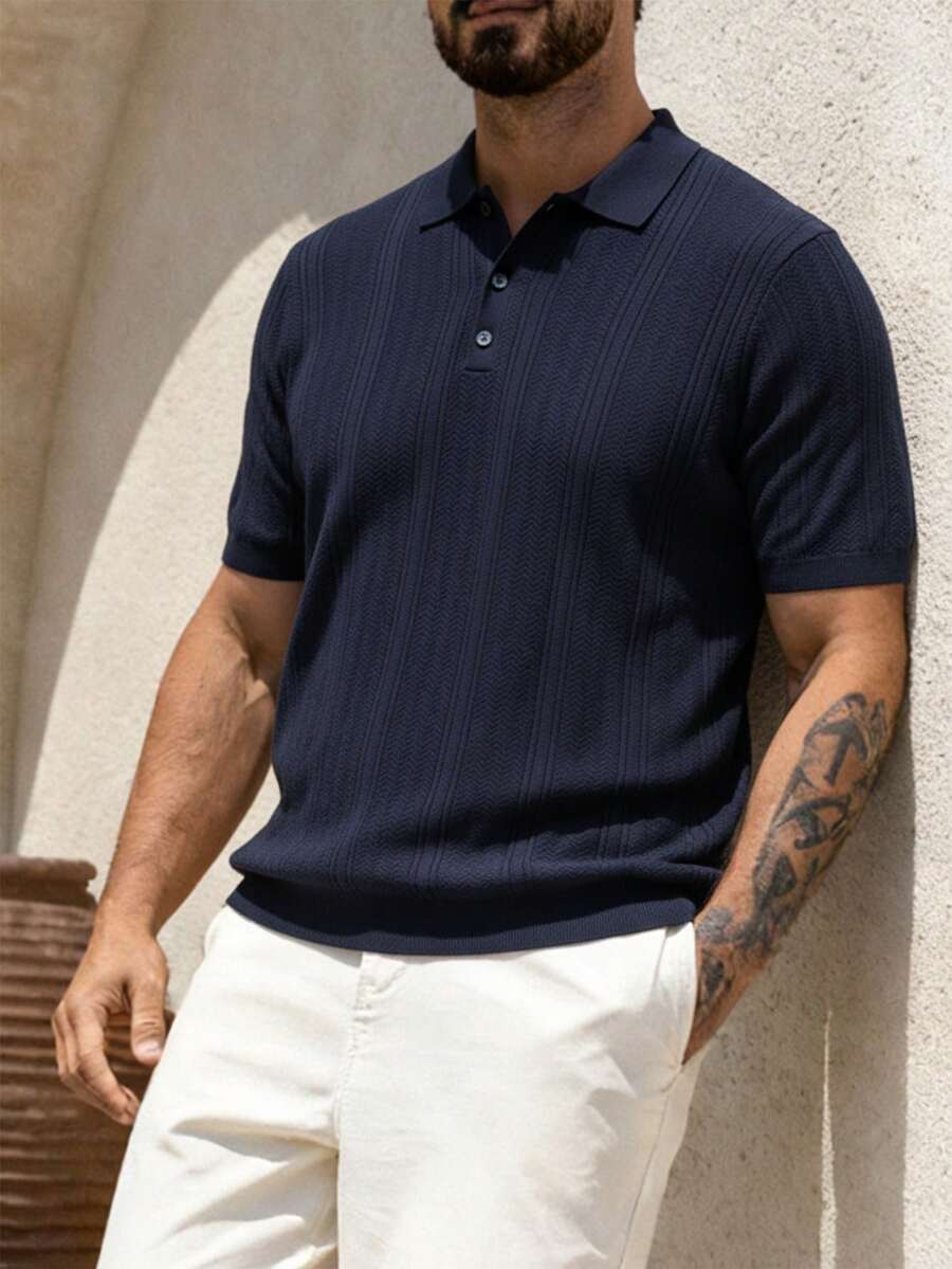 Men's Textured Jacquard Short Sleeve Casual Commuter Polo Shirt - Navy Blue - View 1