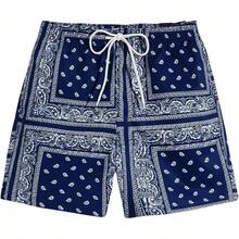 Men's Boho Paisley Print Drawstring Waist Summer Shorts With Pocket - Deep Blue Paisley - View 1