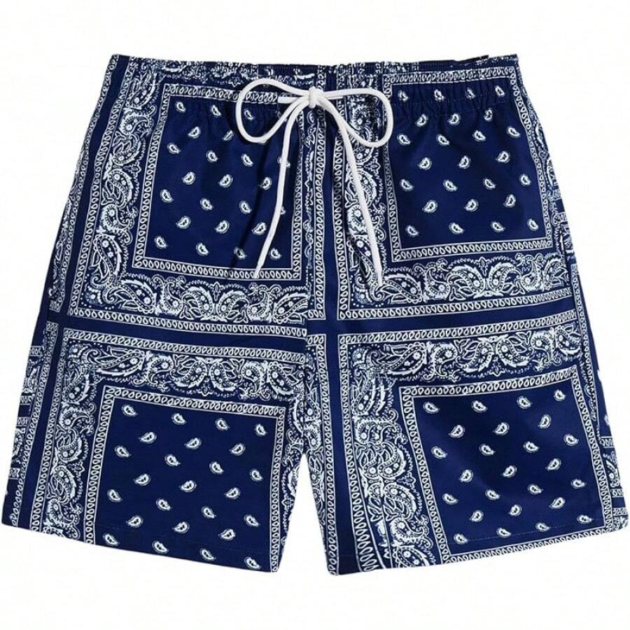 Men's Boho Paisley Print Drawstring Waist Summer Shorts With Pocket - Deep Blue Paisley - View 1