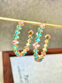1 par de aretes de aro en forma de C con incrustaciones de circonita rosa y azul en tono dorado, aretes de medio aro con cristales coloridos brillantes, joyería de moda para fiestas de mujer - Dorado - View 3