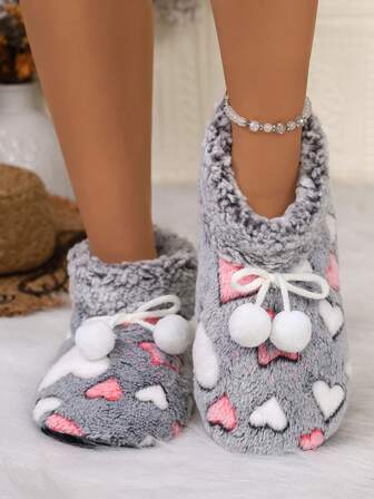 Women's Winter Indoor Slippers, Fashionable Heart Pattern, Thermal Lining, Warm & Comfortable House Shoes