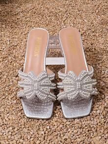 1 Pair Silver Soft PU Teenage Girls' Hollow Strap Bow Rhinestone Slip-On Transparent Chunky Heel Sandals, Square Toe, Simple & Elegant Design, Suitable For Teens, Daily, Party, School, Commute, Travel, Spring/Summer - Silver - View 6