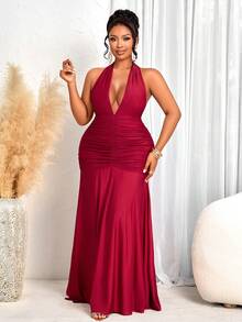 BIUBIU 大码女士褶皱抹胸修身连衣裙，无袖针织优雅正式连衣裙，优雅女士连衣裙 - 酒紅色 - 查看 6