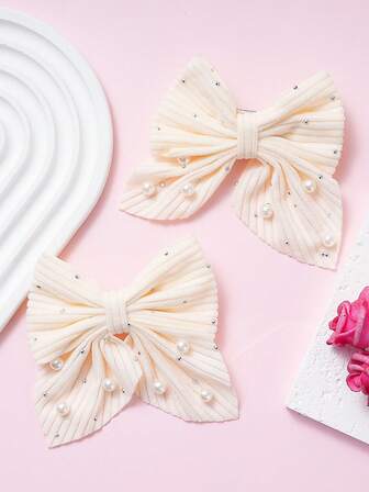 2pcs Handmade Faux Pearl & Bow Decor Hair Clips