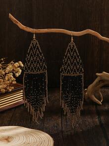 Handmade Beaded Tassel Earrings, Original Local Design, Bohemian Style Tassel Drop Earrings, Vintage Black Beads With Gold And Blue Beads, Silver Earring Hooks, Versatile For Daily And All Seasons, Personalized Exaggerated Tassel Earrings For Women, Suitable For Vacation, Party, Gifts For Her, Couples, Friends - Black Gold - View 1