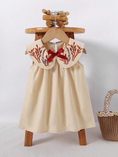 Infant/Toddler Girls' Lively Companion Embroidered Collar Bow Decor Sleeveless Dress, Comfortable Spring/Summer