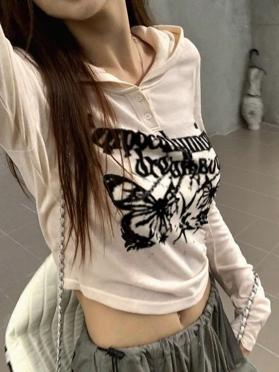 Einfarbiges Damen-T-Shirt mit Buchstaben-Muster, Kapuze und langen Ärmeln, lässig, für Frühling, Sommer und Herbst - Aprikosenfarben - Übersicht 1
