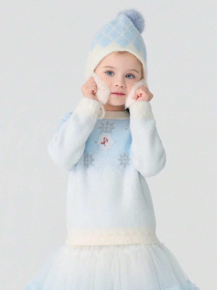 Balabala Girls Faux Mink Knit Sweater, Elsa IP, Winter Warm Pullover, Stylish Casual - Blue and White - View 1