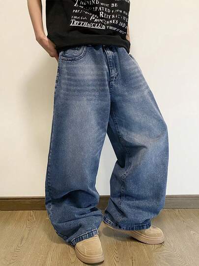 1 pieza Jeans vaqueros de pierna ancha y ajuste holgado lavados para hombre de talla grande, cómodos y versátiles, estilo de ropa urbana americana