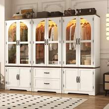 Tall Farmhouse 6 Doors Armoire Wardrobe Closet With LED Sensor Lights,72" Freestanding Arched Wardrobe Closet Cabinet For Bedroom W Glass Doors,Wooden Clothing Storage Cabinet,Closets For Bedroom - White (6Doors) - View 1