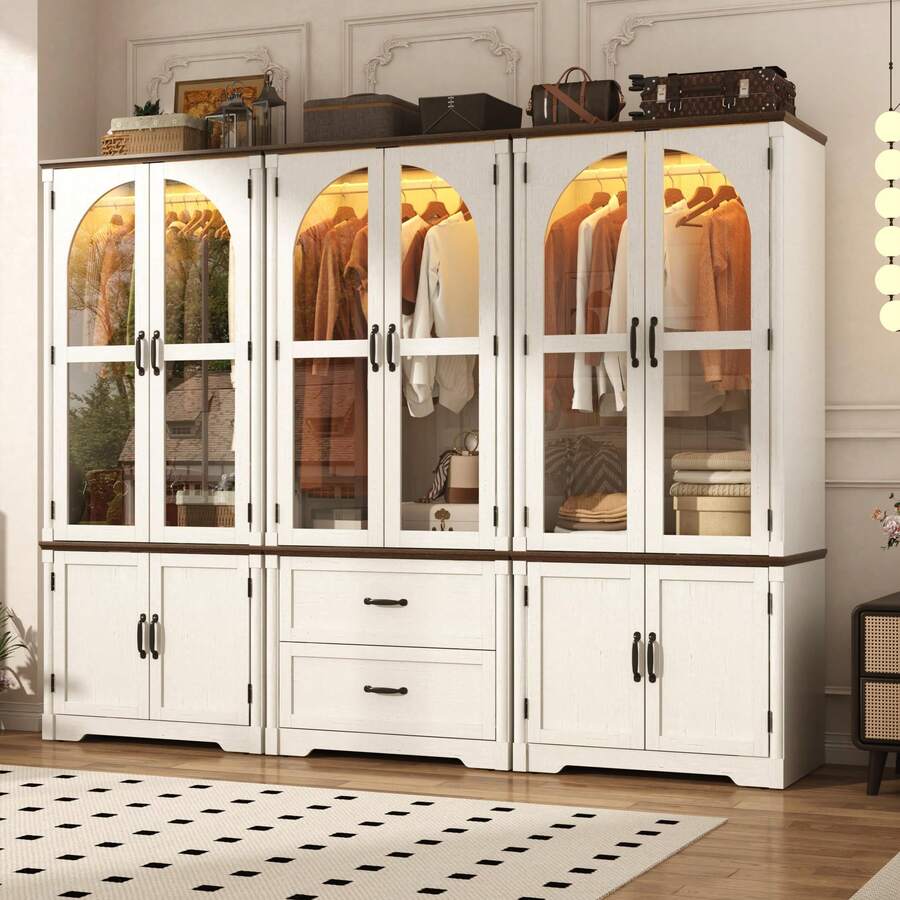 Tall Farmhouse 6 Doors Armoire Wardrobe Closet With LED Sensor Lights,72" Freestanding Arched Wardrobe Closet Cabinet For Bedroom W Glass Doors,Wooden Clothing Storage Cabinet,Closets For Bedroom - White (6Doors) - View 1