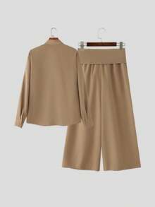 Mens Buttons Long Sleeve Blouse Tops Shirt Elastic Waist Long Pants Wide Leg Trousers Spring/Fall Casual 2PCS Sets Outfits - 卡其色 - 查看 4