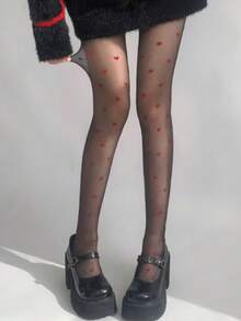 1条红色爱心图案女士连裤袜，时尚情人节穿搭袜，弹力打底裤，显瘦腿型 - 紅色 - 查看 3