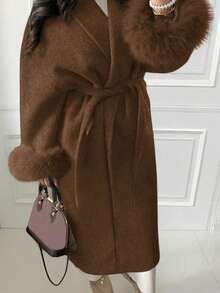 Áo khoác lông thú giả tay dài buộc dây thanh lịch mới dành cho nữ, vải cao cấp giống len, áo khoác dài có thắt lưng, ôm sát, phong cách kimono, thu/đông - Cà phê nâu - Xem 2