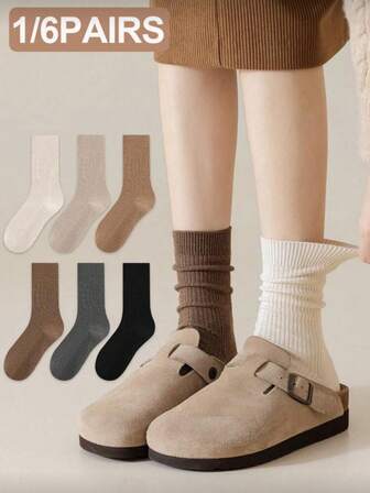1/6 Pairs Women Melon Color Solid Simple Fashion Versatile Comfortable Soft Fleece Lined Mid-Calf Socks, Suitable For Casual Daily Wear