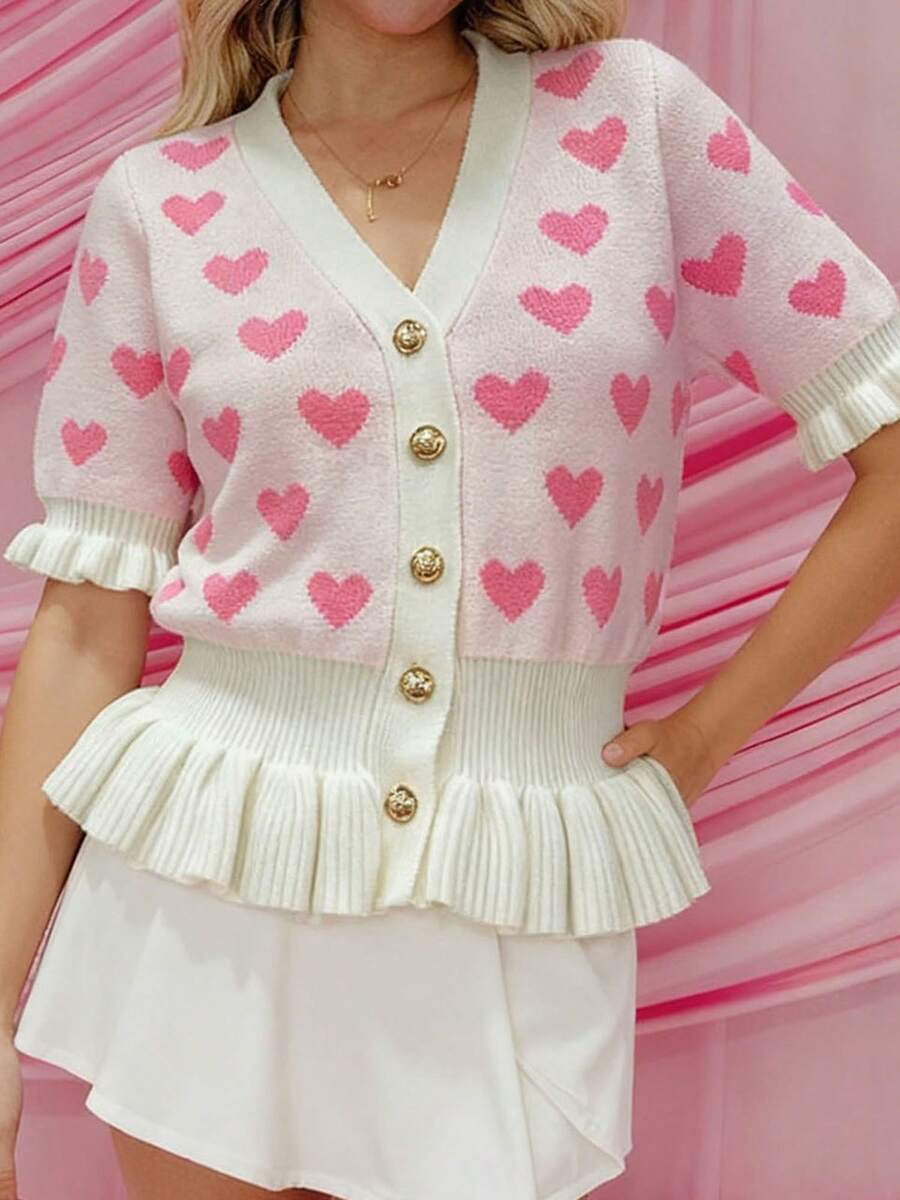 Womens Valentines Knit Cardigan Stylish Love Heart Pattern Ruffled Hem Button Down V Neck Half Sleeve Sweater Jacket - 白色 - 查看 1