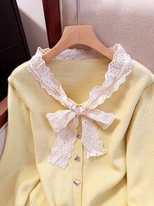 秋冬季浅黄色蕾丝边系带针织开衫，适合圣诞节和新年早午餐。 - 黃色 - 查看 6