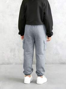 1 pieza Pantalones casuales y de moda para niñas con diseño de múltiples bolsillos para deportes al aire libre, viajes y cómodos con cordón - Gris - Ver 2