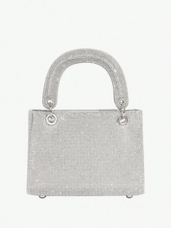 1 pieza Bolso de mujer elegante de alta calidad con strass plateado, adecuado para gala de noche y moda de vacaciones