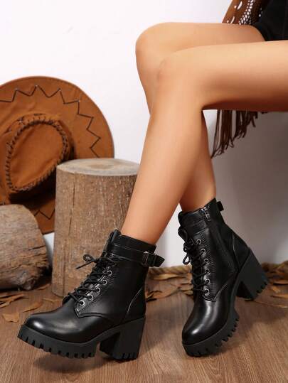 欧美极简时尚新款秋冬西部风高跟踝靴，金属腰带，水钻搭扣装饰，粗跟，厚底，靴子