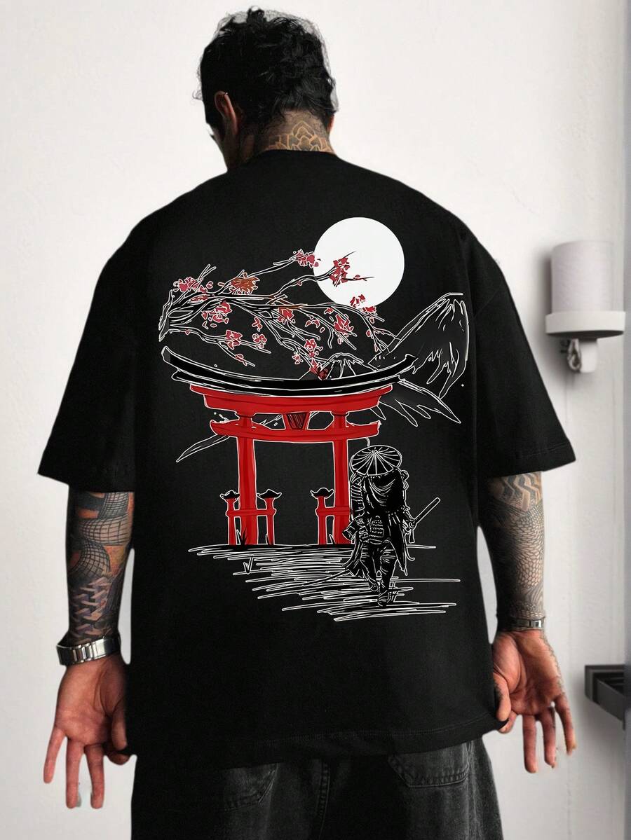 Áo thun nam tay ngắn Krometka phong cách thường ngày đa năng tối giản | Họa tiết Torii Samurai Nhật Bản | - màu đen - Xem 1