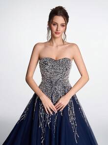 Elisanya Anymoon Women's Luxurious And Elegant Beaded Decor Strapless Evening Dress, Suitable For Hosting Galas, Red Carpet, Graduation Prom, Bridal Toast, Gala Dinner, Engagement Party - Navy Blue - View 7