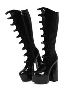 Women's Knee High Boots Patent Leather Platform Round Toe Chunky Block Heeled Boots Lolita Y2K Gothic Buckle Waterproof Platform Cool Boots With Side Zipper For Halloween Christmas - 黑色 - 查看 2