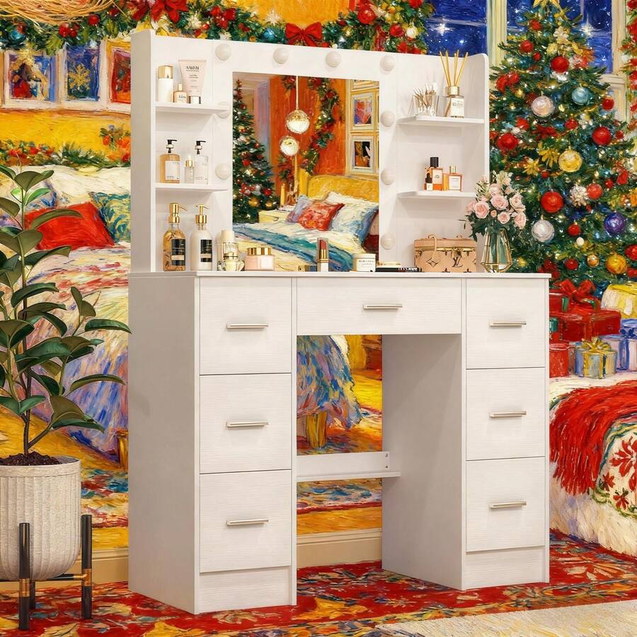 Holiday Gifts  Dressing Table With LED Lights Mirror 7 Drawers Vanity Make Up Desk Dresser Set - White - View 1