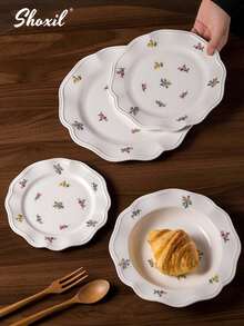 shoxil 1 chiếc đĩa sứ họa tiết hoa, khay nhỏ gọn kiểu dáng tươi mới, đĩa viền cao, đĩa đựng trái cây, đĩa bánh, khay đựng trang sức, thích hợp cho gia đình, nhà hàng, tiệc tùng. - Đĩa - Xem 2