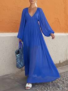 2026 New French Bohemian Chiffon V-Neck Long Sleeve Pleated Maxi Dress - Elegant High Waist Autumn Party Dress, Spring/Autumn New Arrival, Women's Spring/Summer New Item, Women's Retro Outfit, French Elegance, Valentine's Day, Women's Christmas Dress, New Year Outfit, Women's Elegant Maxi Dress, Casual Long Dress, Women's Blue Dress, Women's Beach Dress, Elegant Party Dress - Blue - View 3