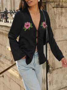 新款时尚优雅V领蝴蝶结休闲长袖衬衫，适合度假、旅行、乡村音乐会等各种场合，四季皆宜。 - 黑色 - 查看 4