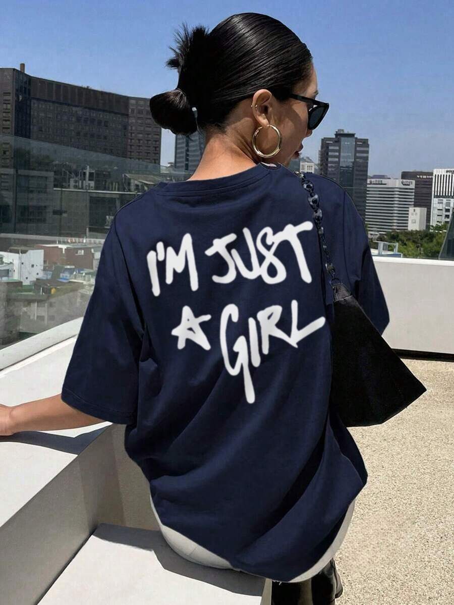 I'am Just Girl Women's Summer Street Simple Letter Personalized Printed Pattern Round Neck T-Shirt Daily Wear Style Clothing Women's Top. Graphic Tees Women - Navy Blue - View 1