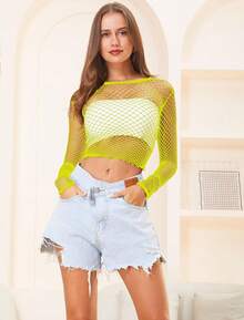 Women Fishnet Long Sleeve Crop Top Lingerie Babydoll Chemise Mesh Tops US2-16Halloween Christmas New Year 2026 - 黃色 - 查看 8
