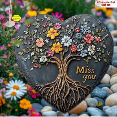 2D Flat Acrylic Heart-Shaped Grave Decoration With Blooming Tree Of Life, English Epitaph, Indoor/Outdoor Garden Decor, Pet Memorial And Ideal Condolence Or Sympathy Plaque, Mother's Day And Father's Day Gift, Suitable For 11 Occasions, 2D Flat