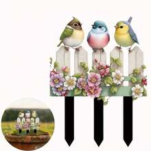 ديكور حديقة على طراز البوهيمي، ثلاثة طيور صغيرة، لوحة أكريليك، فن حديقة ذو موضوع حيواني متعدد الأغراض، لوحة عرض للأصص والحديقة مقاومة للمطر والخدش للاستخدام الخارجي