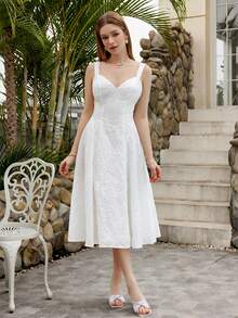 PARTHEA 女士白色刺绣吊带中长连衣裙，喇叭裙摆，可爱优雅，适合各种场合 - 白色 - 查看 6