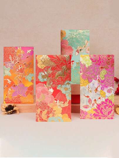 神秘东方新年：红灯笼图案，包含红包（内含压岁钱）、节日感谢卡，色彩鲜艳，适用于婚礼、生日、商务庆典和农历新年礼物。红包饰有金色点缀。