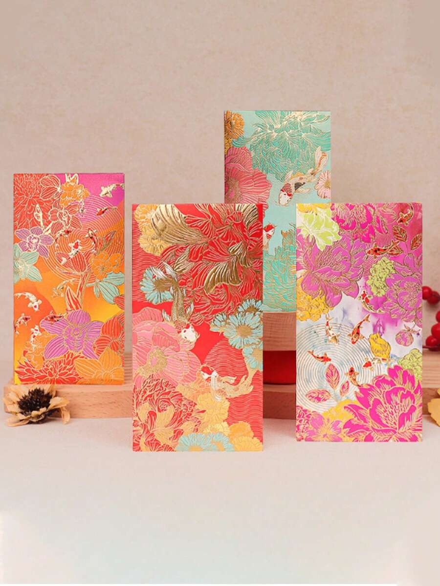 神秘东方新年：红灯笼图案，包含红包（内含压岁钱）、节日感谢卡，色彩鲜艳，适用于婚礼、生日、商务庆典和农历新年礼物。红包饰有金色点缀。 - 彩色 - 查看 1