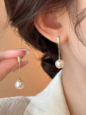 一对复古优雅长款珍珠耳环，时尚百搭耳环