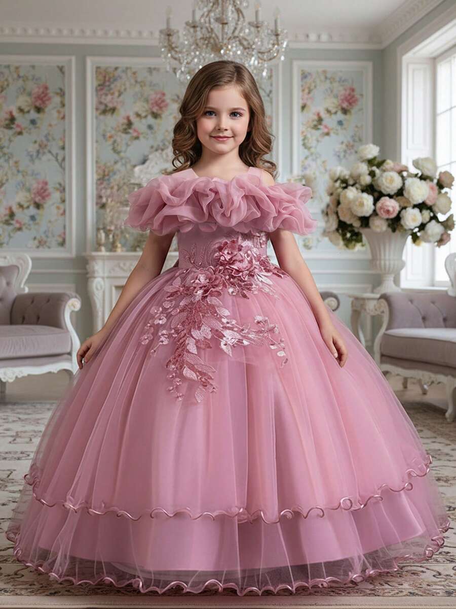 Flower Girl Dress Off Shoulder Ruffle Neck Sequin Embroidery Bow Ball Gown Princess Dress For Girls For Wedding Birthday Party - Dusty Pink - View 1
