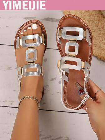 New Fashion Flat Sandals For Women, Solid Color Geometric Pattern Beach Sandals, Fashionable Sexy PU Leather Flat Sandals With Hollow Out Design, Metal Stud Decor, Buckle Closure, Suitable For Beach, Home, Outdoor, Summer