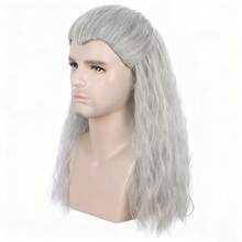 Men's Long Curly Silver Gray Wig, Halloween Cosplay Anime Costume Party Wig - Grey - View 3