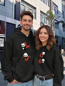 Suéteres con Capucha para Parejas - Estampado de Panda Geométrico, Bolsillo Canguro, Manga Larga Cómoda y Lavable a Máquina, Regalo Romántico para Él y Ella, Ropa Casual Primavera/Otoño - Prenda Individual Negra para Hombre - Ver 6