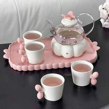 一套陶瓷蝴蝶花卉茶具，优雅下午茶壶、茶杯套装，高端水果茶壶，饰有蝴蝶图案，包含茶壶、茶杯和托盘 - 是馈赠女主人和家居装饰的理想之选，必备餐具 | 耐用瓷器 [粉色、绿色可选]