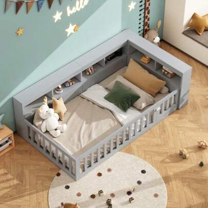 Daybett, 90*200cm, Tagesbett, Schlafsofa, Bettseite Mit Staufach, Bett Mit Lattenrost ( Ohne Matratze), Brüstung, Spanplatte, Mit Steckdose Und Usb, Grau