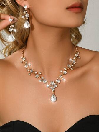 3pcs/Set Women's Claw Chain Geometric Teardrop Earrings & Necklace Set, Wedding Party Holiday Gift