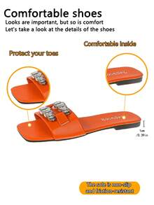 Giày sandal quai ngang đính đinh tán thời trang, mũi vuông, kiểu dáng slip-on dành cho thanh thiếu niên, mùa hè. - trái cam - Xem 3