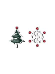 1 Pair S925 Sterling Silver Asymmetric Christmas Tree & Snowflake Design Zirconia Decorated Earrings, Lightweight & Durable For Daily Wear, Party, Christmas Gift, Fashionable Enamel Finish Earrings Suitable For Girls & Women, Fits European, American & Asian Outfits, Winter Holiday Accessory - Silver - View 8